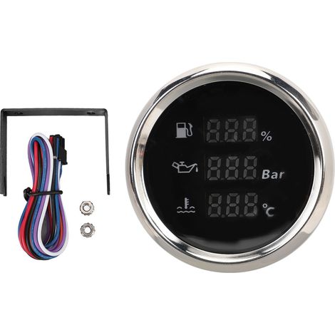 Indicatore digitale marino da 52 mm – Livello/pressione olio e temperatura acqua – Retroilluminazione rossa, quadrante nero, ghiera argentata, IP67 (1/5)