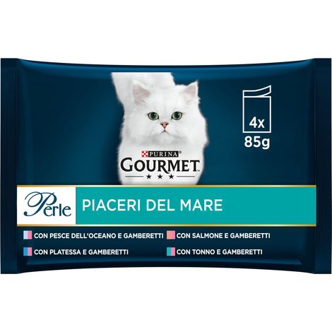 Gourmet Perle Gatto Piaceri del Mare con Salmone, Platessa, Tonno e Pesce dell'Oceano, 4 x 85 g - Confezione da 12 Pezzi (1/5)