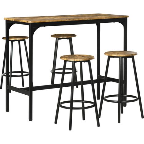Table Bar Haute avec Tabouret 4 Personnes, Ensemble Table et 4 Chaises, Meuble Bar avec Effet Grain de Bois et Cadre Noir, Multifonctionnel Applicable Multi - Scénarios (1/5)