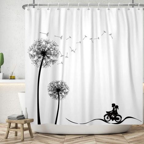 180x200cm Rideau de Douche Pissenlit Noir Blanc Pissenlit Plante Rideau de Bain Jeune Couple Cyclisme Silhouette Rideaux de Douche Simple Moderne Rideau de Baignoire étanche (1/5)