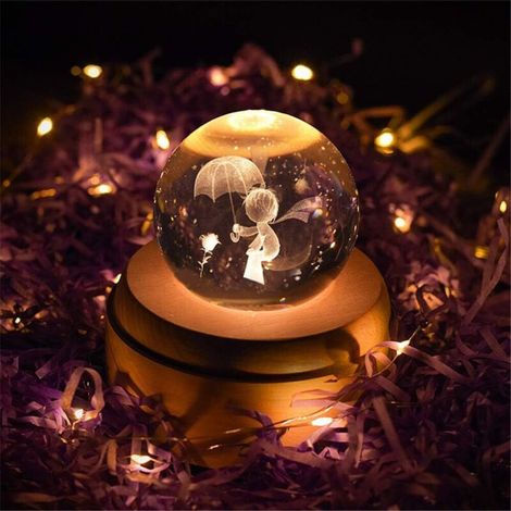 – Boîte à musique rotative 3D en bois – Boule de cristal 7 cm – Projections lumineuses LED – Décoration Petit Prince Lune (1/2)