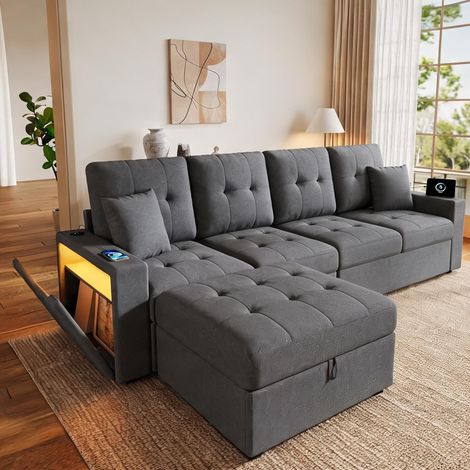Canapé d'angle modulable gris anthracite avec pouf de rangement (1/5)