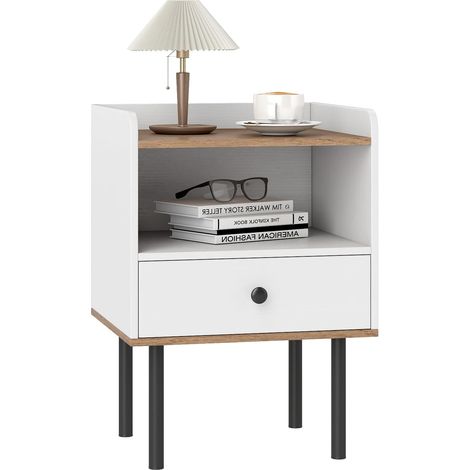 COSTWAY Comodino, tavolino con cassetto, ripiano aperto e gambe in metallo, comodino, consolle, comò per camera da letto, soggiorno, 40,5 x 35 x 56 cm (bianco) (1/5)