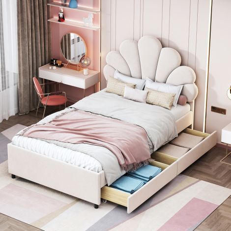 Lit simple 90x200 cm, lit enfant avec tiroirs et tête de lit en forme de fleur, tissu en velours beige, sans matelas (1/5)