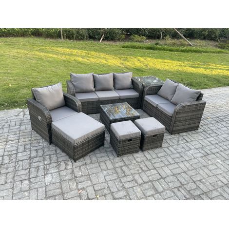 Fimous Rattan-Gartenmöbel 8 Stück Terrassenset mit Tisch und Sofa Quadratischer Couchtisch Liegestühle Loveseat Sofa 3-Sitzer Sofa 3 Hockern Beistelltisch (1/5)