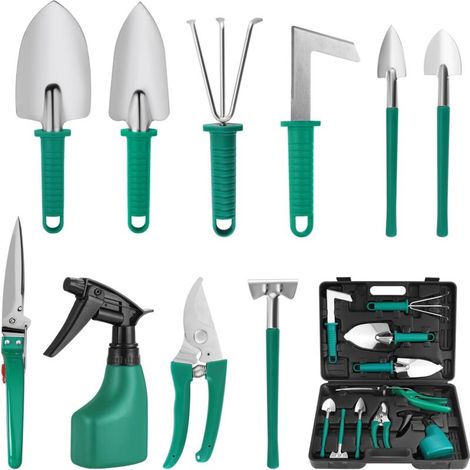 10-teiliges Gartengeräte-Set mit Pflanzkelle, Gartengeräte-Set, Umpflanzmaschine, Rechen, Gartenschere, Schaufel und Wassersprühflasche (10) (Grün)