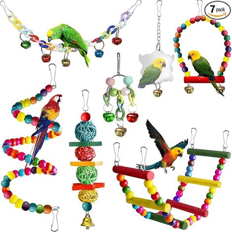 Jouets pour Oiseaux, Jouet Perroquet, Jouets à Mâcher à Suspendre, Accessoire de Cage à Oiseaux, Balançoire, Échelle, Cloches, pour Perroquet, Inséparables, Pinsons