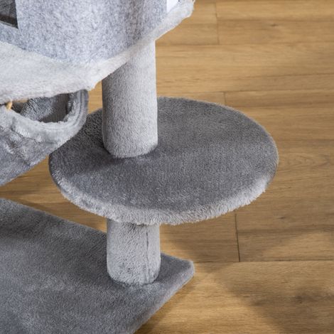 Arbre à chat avec griffoir, cabane, coussin, hamac et 2 jouets en bois et peluche, 48x48x107 cm, gris