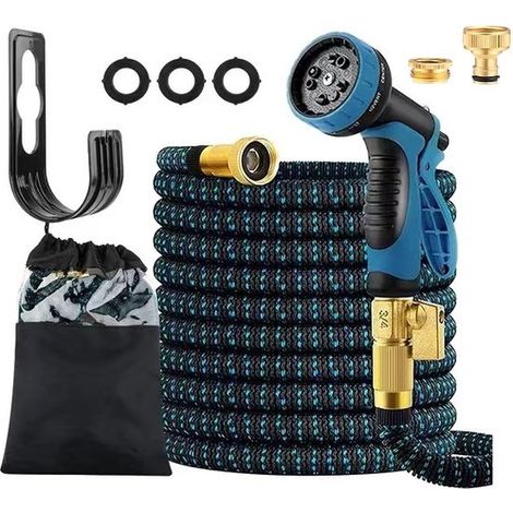 Set complet de tuyau d'arrosage extensible 15 m avec design flexible – Sac de rangement et connecteur inclus – Tête de pulvérisation 9 positions – Léger et facile à ranger (1/5)