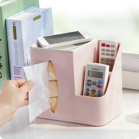 Boîte de rangement multi-grilles pour télécommandes et mouchoirs en papier pour salon (rose) (1/5)