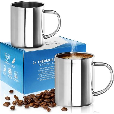2x Tasse Acier Inoxydable, Isolation Double Paroi, 350ml, Incassable Sans BPA, Camping Voyage (1/5)