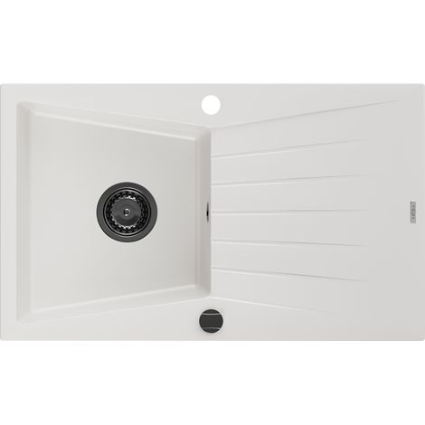 Mexen Cesar lavello in granito 1 vasca con sgocciolatoio 775 x 470 mm, bianco, sifone nero - 6514771010-20-B (1/5)