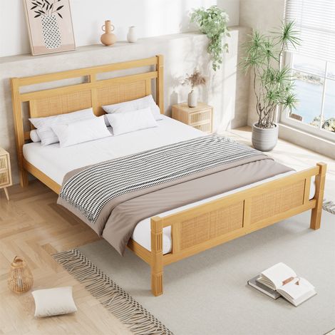 Wooden Bed Frame - MDF with Rattan Paper Design, Sturdy Pine+MDF+Plywood Construction, Wood Colour Finish, 4ft6 double 135×190cm