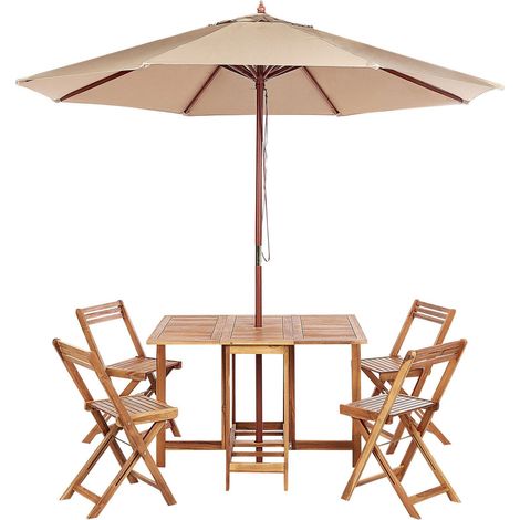 Set da pranzo da giardino con ombrellone Tavolo da esterno 4 sedie pieghevole in legno d'acacia Frassine
