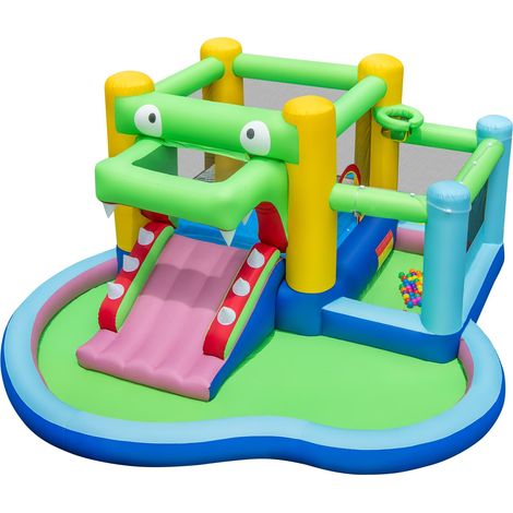 COSTWAY Inflatable Bounce House 5-in-1 Crocodile Water Park with Slide (1/5)