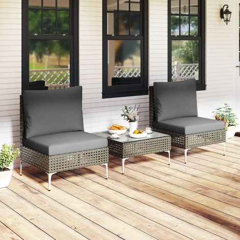 Ensemble de Mobilier de Patio 3 Pièces Ensemble de Conversation Extérieur en Osier PE avec Coussins et Table Basse en Verre Trempé Gris (1/2)