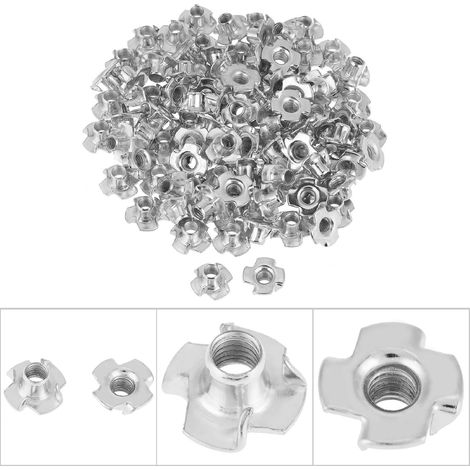 100 pièces écrous à griffes en acier au carbone zingué, écrous en T à 4 pointes pour bois, meubles, bricolage (M6) (1/5)