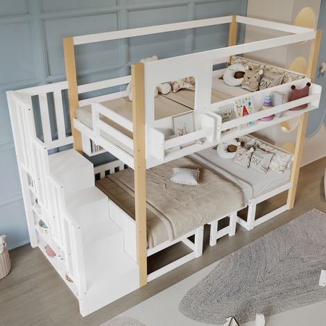 Lit superposé enfant avec bureau multifonction réglable en hauteur, étagère intégrée en tête de lit, escalier de rangement robuste, pin + MDF + contreplaqué, blanc et naturel, 90x200 cm (1/5)