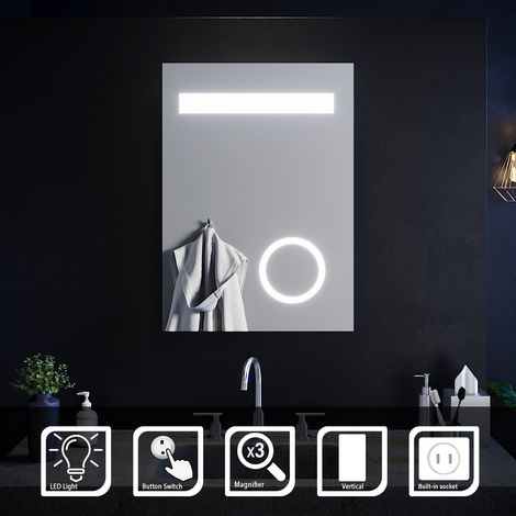 ELEGANT 500 x 700 mm Bathroom LED Mirror with Shaver Socket and 3x Magnifying Wall Mounted Aluminium Alloy Framed IP44 Splash Proof (1/5)