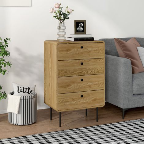 Commode 4 tiroirs, meuble de rangement étroit avec pieds en acier, coins arrondis, chêne, 60 x 39 x 91,5 centimètres (1/4)