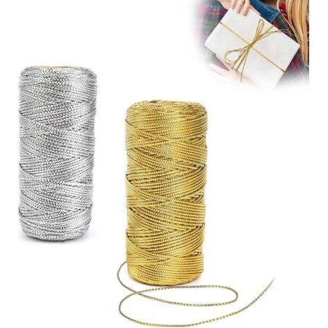 2 Rouleaux Fil Doré Métallique, Longueur Totale 200m Fil Tressé, 1.5 mm Fil Corde Paillettes, Fil Polyester, Or et Argent, pour Emballage Cadeau, Fil D'étiquette, Artisanat de Bricolage (1/5)