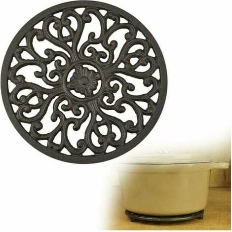 Salvamanteles decorativo de hierro fundido para mesa de cocina o comedor con patrón vintage redondo y tacos de goma - Metal reciclado - Diseño rústico - Color óxido marrón (1/5)