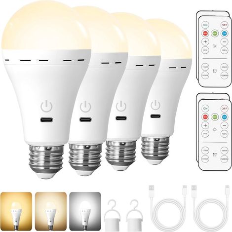 Cuatro bombillas LED E27 con batería recargable, mando a distancia, regulables, con función de temporizador y 3 temperaturas de color. (1/5)