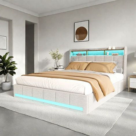 Cama Rembolsada - Cama 140x200cm - Luz LED - Estructura de cama para adultos con Puerto USB y Tipo C - 4 Cajones - Somier de Lamas - Lino Beige (1/5)