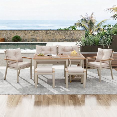 Comanlai - Salon de Jardin 6-7 Places en Bois d'Acacia - Ensemble Table Fauteuils et Desserte Amovible (1/5)
