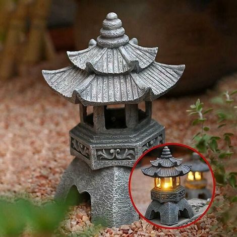 Statues-lanternes pagodes à énergie solaire, ornements lumineux de jardin de style japonais, pagode vintage lumineuse décorative autoportante pour pelouse (1/4)