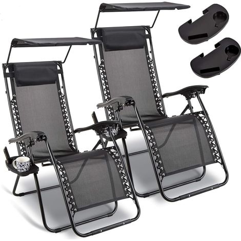 Zero Gravity Reclining Chair Set of 2 Folding Garden Sun Loungers with Canopy, Cup Holder & Headrest, Steel Frame Reclining Outdoor Chairs Black