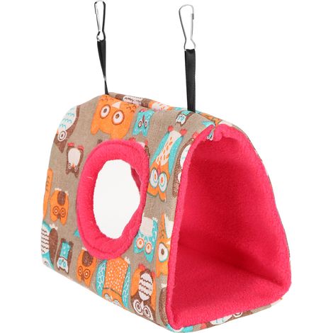 Hamac suspendu douillet en peluche pour perroquets, nid moelleux et balancelle pour hamsters et écureuils, motif hibou et fond rose rouge. (1/5)