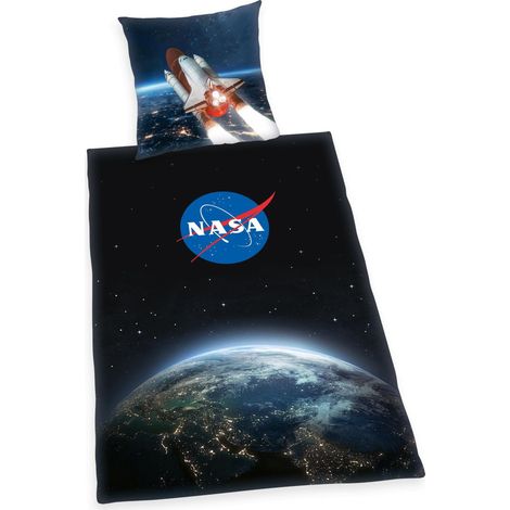 Herding Set Biancheria da Letto, NASA, Federa 70 x 90 cm, Copripiumino 140 x 200 cm, Con Cerniera Scorrevole, 100% Cotone Renforcé, Nero (1/2)