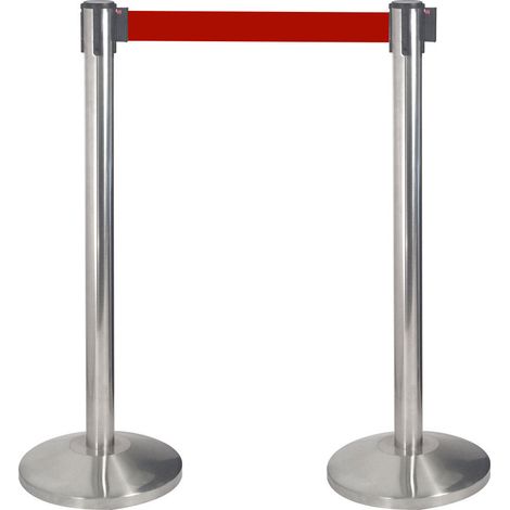 2 Colonnine Tendinastro 3 metri in Acciaio Inox Spazzolato Ø36x101 cm Nastro Rosso