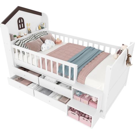 Lit mi-hauteur, 90 x 200 cm, forme maison, fenêtre, 4 tiroirs, bande lumineuse LED, escalier de rangement, sans matelas, blanc (1/5)