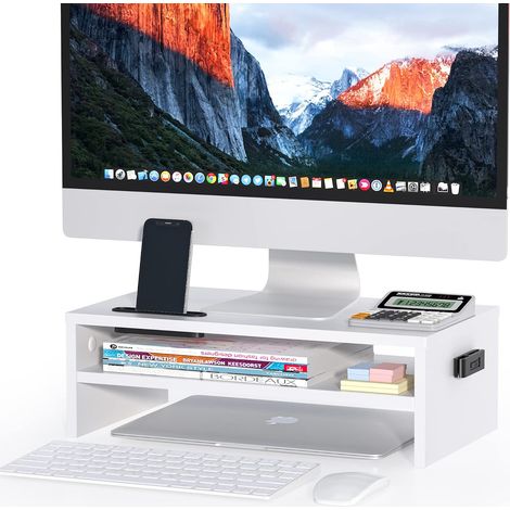 Monitorständer aus Holz, 2-stufig Tischablage bis 30 kg mit Ablagefläche, Laptop- und Druckerhalterung, Handyhalterung und Kabelmanagement, weiß, 42 cm (1/5)