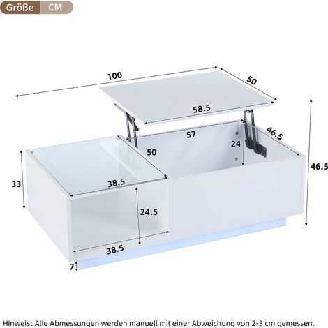 Höhenverstellbarer Couchtisch 100 x 50 x 33 cm Weiß mit LED und Stauraum (1/5)
