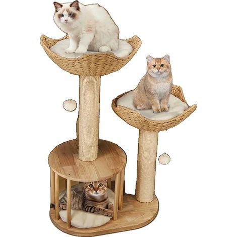 Katzenbaum, Plüschlinter, 60 x 40 x 99 cm, Geeignet für Kätzchen bis 10 kg, Dreischichtiges Design, Naturholz & Weiß (1/5)