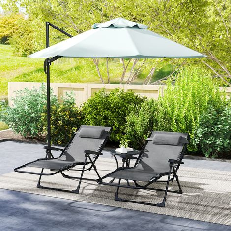 Lot de 2 bain de soleil, chaise longue pliante inclinable avec appuie-tête en textilène, 90 x 65 x 112 cm, gris