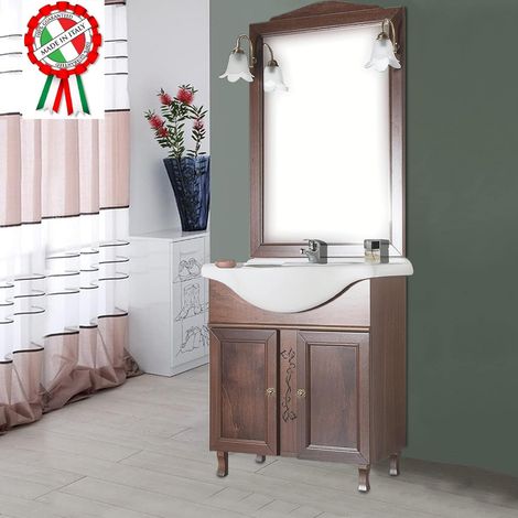 Mobile Da Bagno Noce Completo Modello Giada Ante Lisce 75cm Legno con Specchio (1/3)