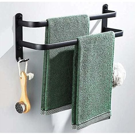 Handtuchhalter fürs Badezimmer, schwarze selbstklebende Handtuchstangen zur Wandmontage für Dusche und Küche, wasserdichte Handtuchstangen mit Haken (zwei Stangen 70 cm)