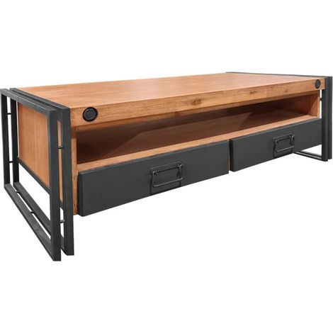 Table basse fixe 120 cm – 2 tiroirs et 1 niche en bois acacia massif et métal – Style vintage industriel – Meubletmoi (1/5)