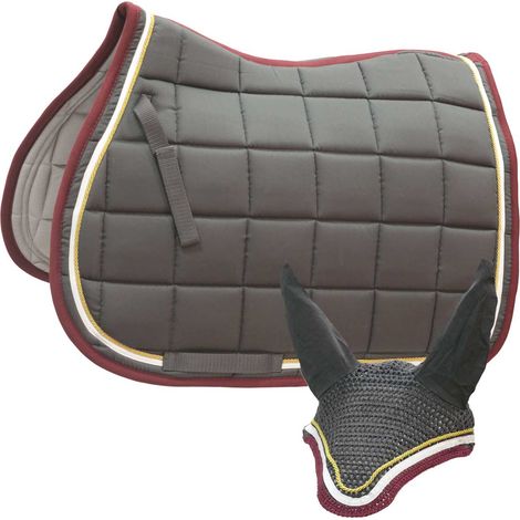 Full, grigio: Set cuffia e sottosella inglese rettangolare trapuntato a quadri con cordone e fettuccia