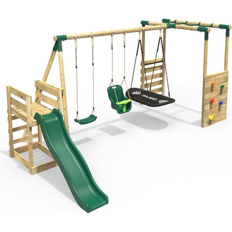 Rebo Wooden Children's Swing Set with Monkey Bars plus Deck & 6ft Slide - Triple Swing - Halley Green