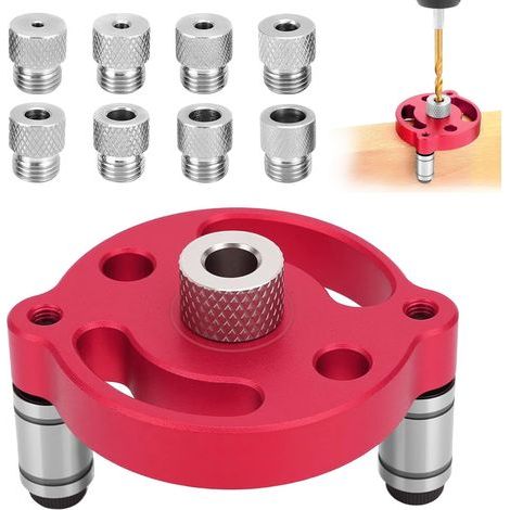 Kit de Recherche de centre de travail pour le bois, Gabarit de Percage Vertical avec douilles de perçage 3/4/5/6/7/8/9/10mm, Guide Percage pour bois dur massif (Rouge) (1/5)