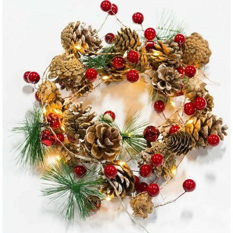 Lumières de Noël Lumières de décoration de Noël,baies rouges,pommes de pin,guirlande de baies Décoration Guirlande de Noël avec des pommes de pin de Noël à piles LED Guirlande lumineuse (colorée) (1/5)
