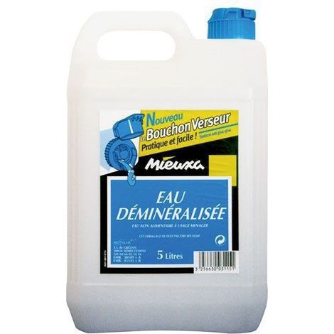 Eau déminéralisée 5 litres – Conductivité < 10 µS/cm – Pour fers à repasser, radiateurs et humidification – Eau non alimentaire – Mieuxa