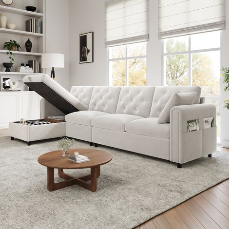 Canape dangle L 281 x 132 x 86 cm, convertible gauche/droite, coffre & couchage, Beige (1/5)