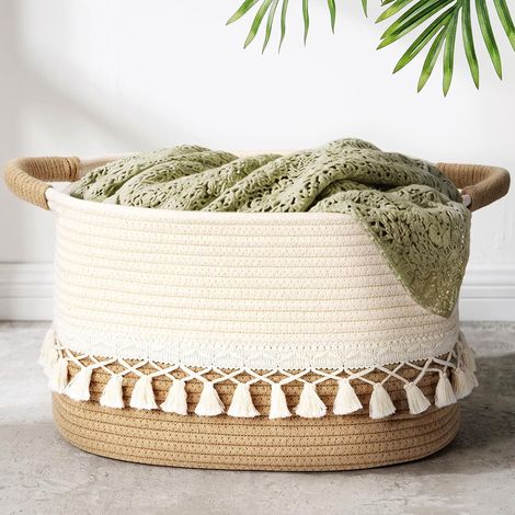 Panier Rangement avec Pompons, Corbeille à Linge pour Chambre, Salon, Chambre de Bébé, Panier de Rangement Rectangulaire en Coton pour Jouets, Couvertures, Vêtements Sales, 38x26x22 cm (1/5)