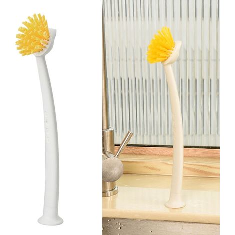 Brosse à vaisselle de cuisine avec poignée – Brosse pour casseroles et poêles, brosse de nettoyage d’évier, manche long vertical avec ventouse, pour assiettes, casseroles, poêles et évier (Blanc)